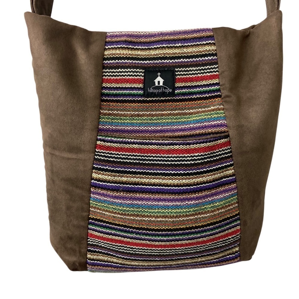 Hilltop of Hope Hobo Crossbody Bag Brown Faux Suede Woven Multicolored Stripes